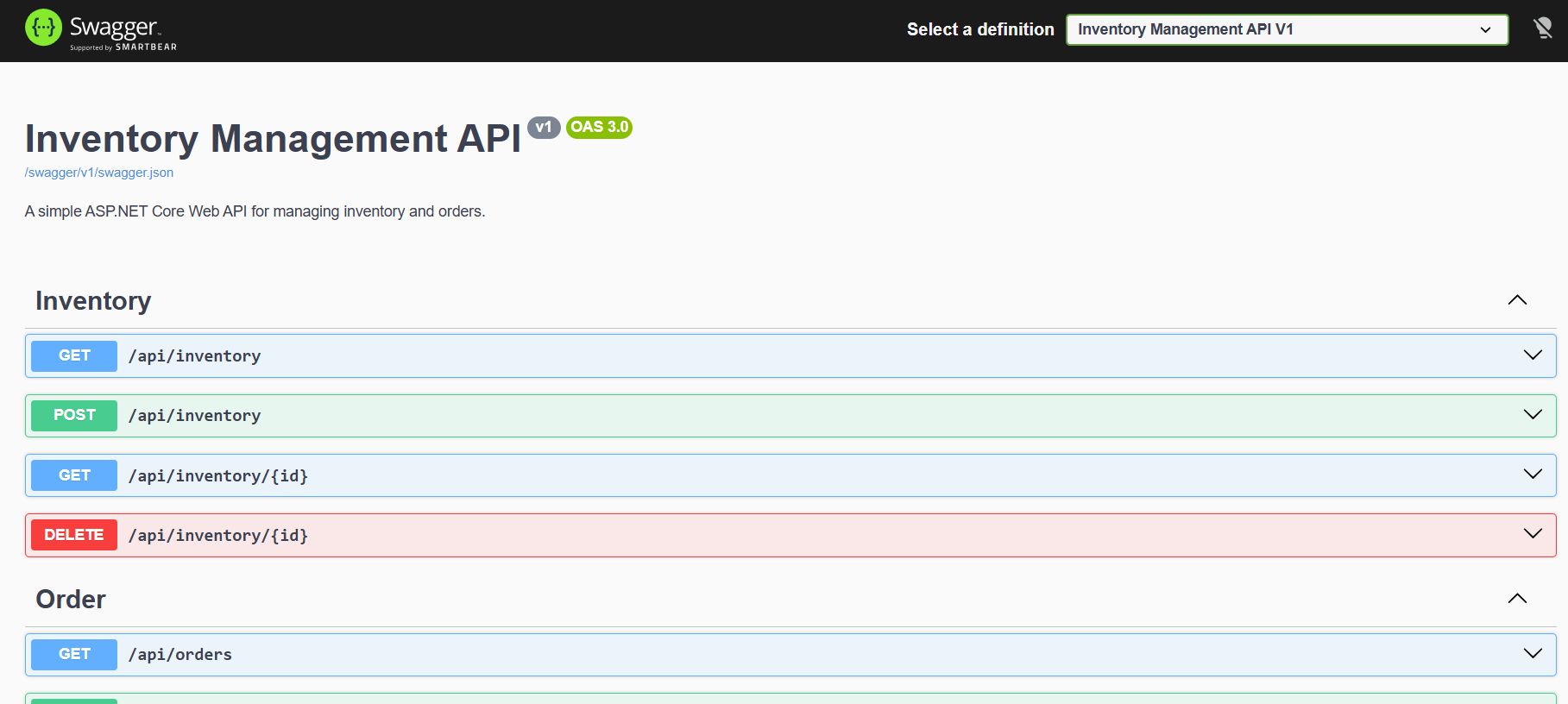 Screenshot of Inventory and Order Management API